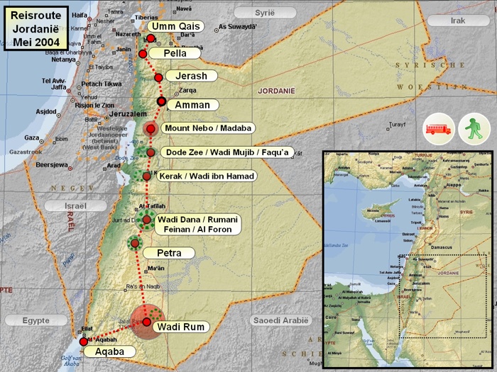 Travel route / Map In may 2004 I went to Jordan with a group of Joker. On the menu were some nice trekkings through beautiful canyons (Wadi al Yabis, Wadi Mujib, Wadi ibn Hamad, Wadi Ghuweir, Dana ...), a visit to the Roman city of Jerash and to the 8th wonder of the ancient world, Petra. Eventually we spent 2 days in the wonderful desert of Wadi Rum and one day at the Red Sea in Aqaba. Stefan Cruysberghs